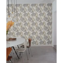 Carta da parati decorativa foglie grigio-beige