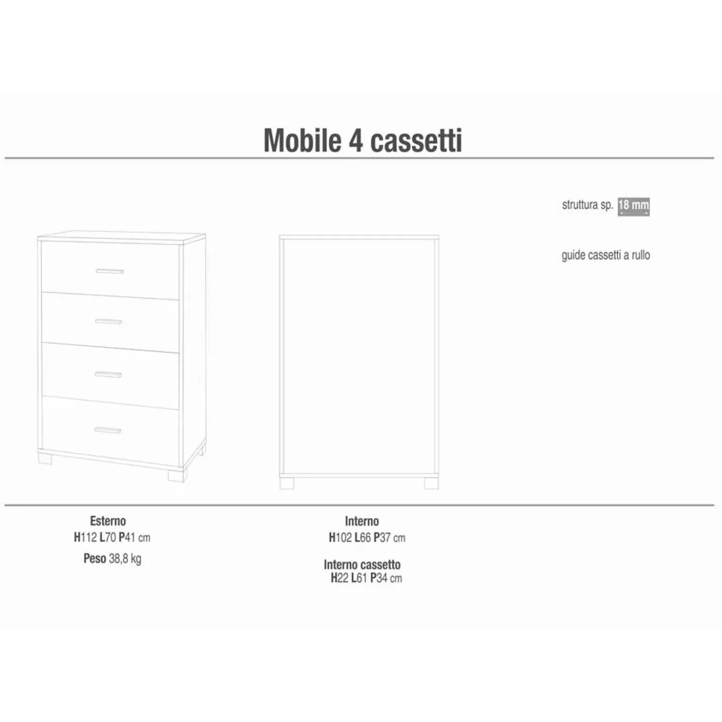 Cassettiera in kit 4 cassetti Sarmog 112x70x41 cm ossido nero/cemento
