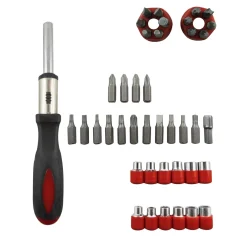Impugnatura a cricchetto reversibile e Set 15 bitz /12 bussole e adattatore 1/4"