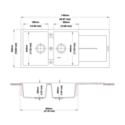 Lavello da incasso in quarzo 2 vasche 116x50 cm grigio