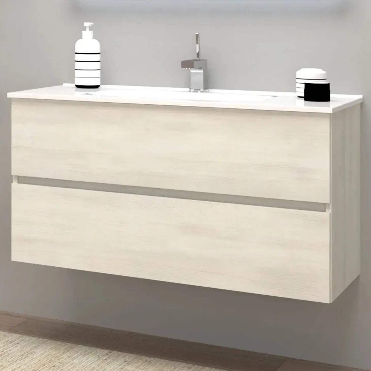 Mobile bagno base sospesa 2 cassetti lavabo in ceramica Monya 101x46 cm larice