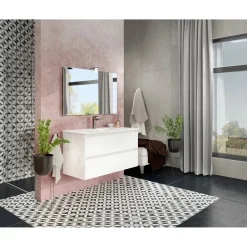 Pensile bagno Cube rovere bianca con lavabo e specchio 100 cm