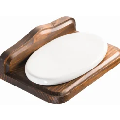 Portasapone bagno serie Mathilde in legno e ceramica noce anticato