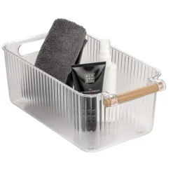 Set 3 contenitori bagno in PET Nantes con manico in legno FSC