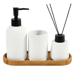 Set da appoggio in ceramica Riga con vassoio bambù bianco vaniglia