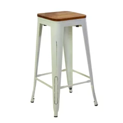 Sgabello in ferro New Bristol bianco antico seduta in legno 42x42x76 cm