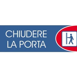 Targhetta adesiva "Chiudere la porta" in propilene metallizzato 6 x 18 cm